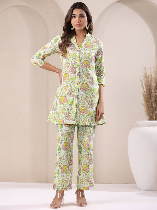 Janasya Light Cotton Floral Straight Top & Bottom Set 