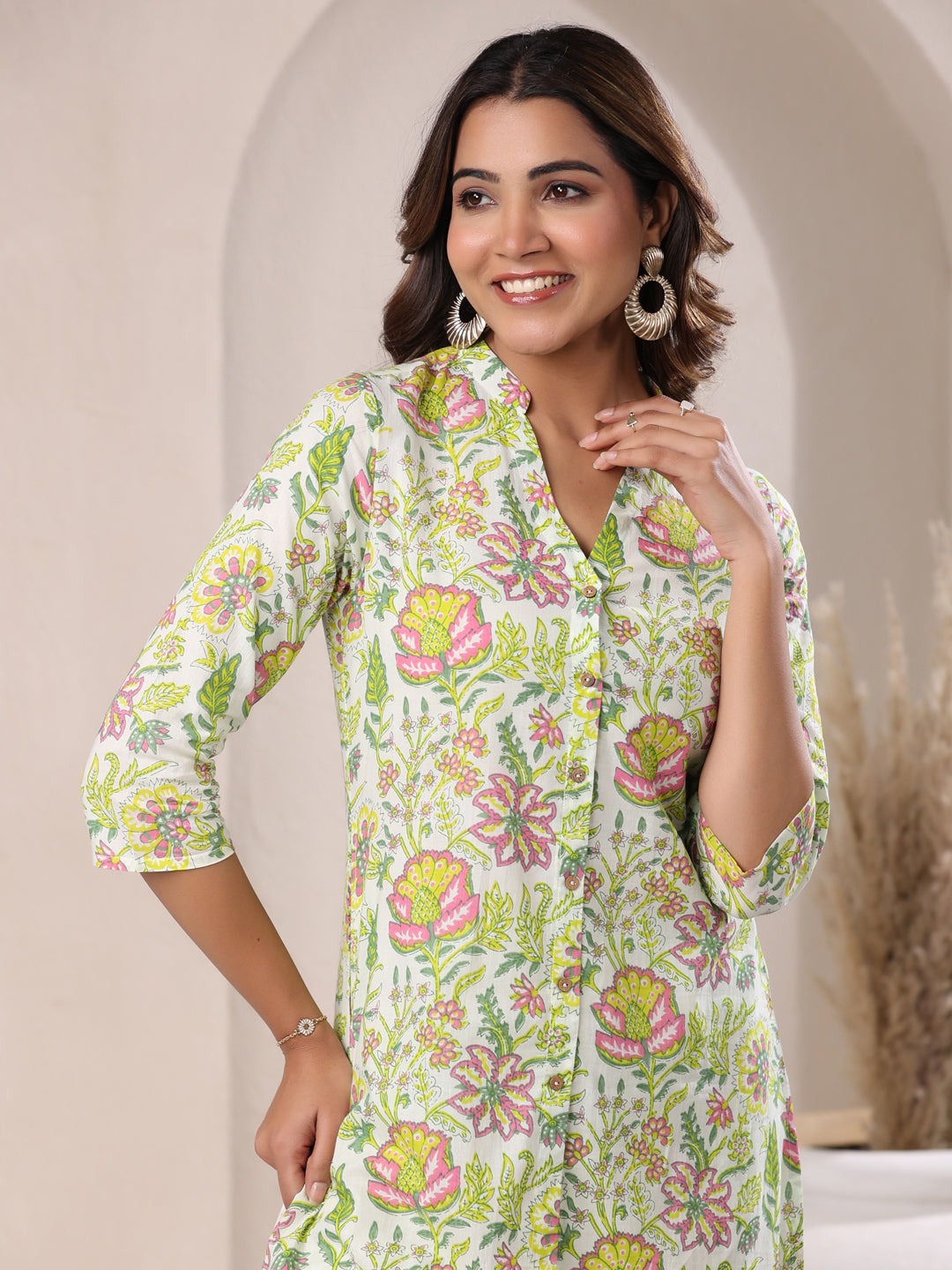Janasya Light Cotton Floral Straight Top & Bottom Set 