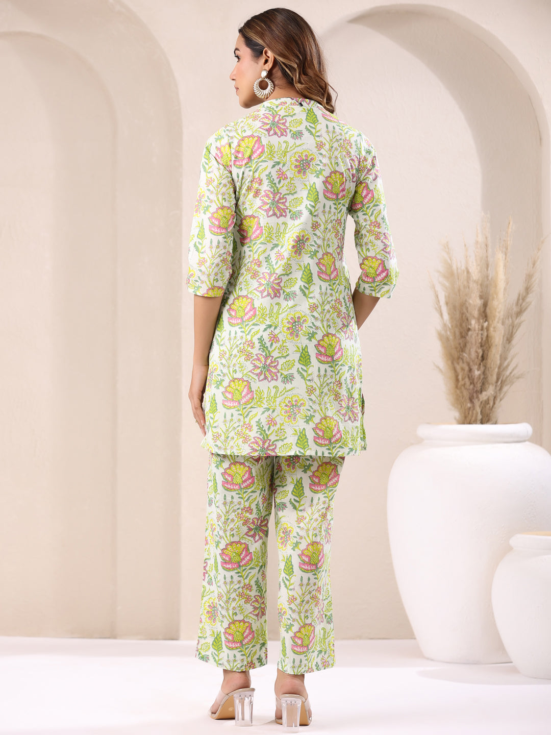 Janasya Light Cotton Floral Straight Top & Bottom Set 