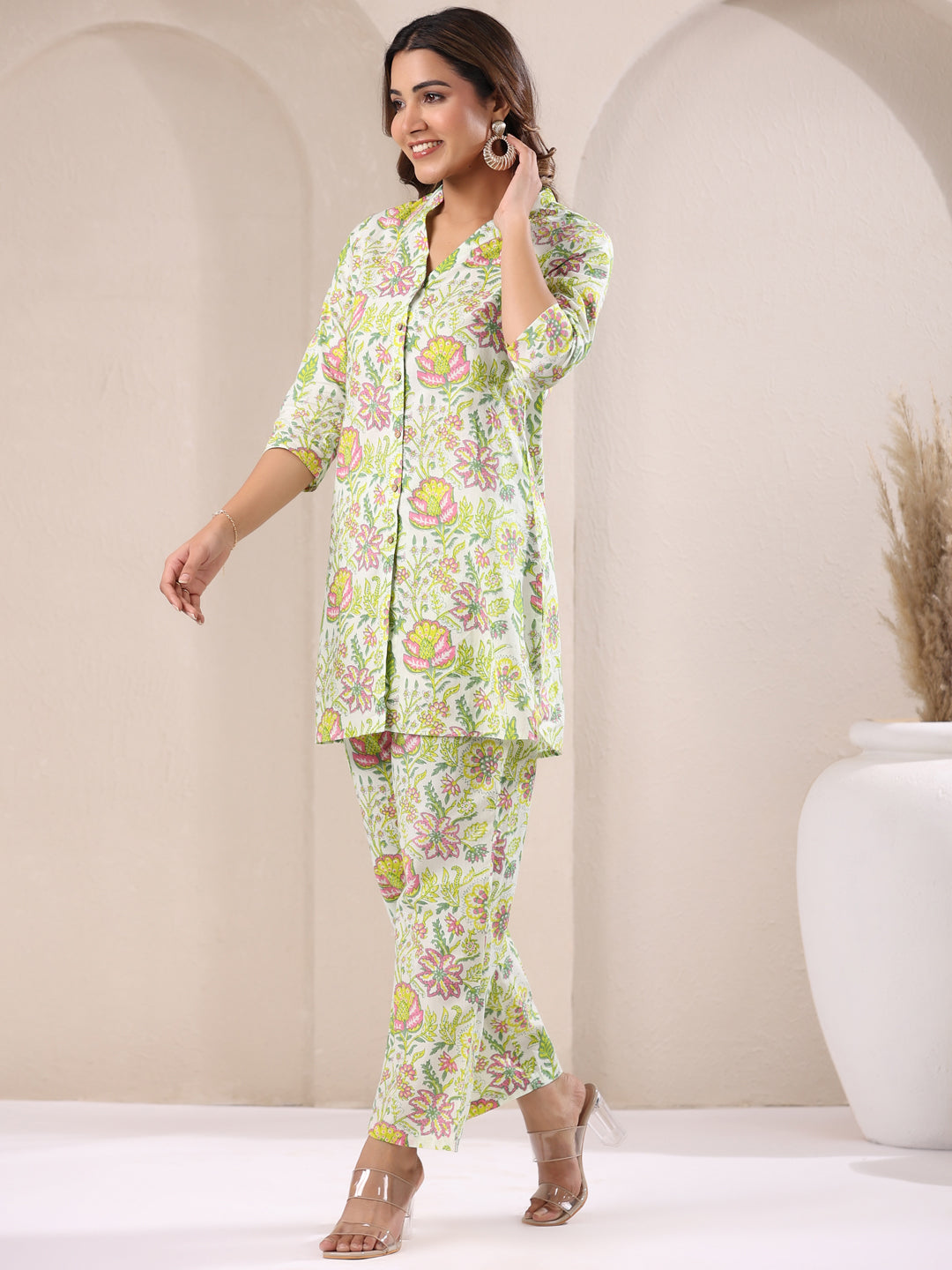 Janasya Light Cotton Floral Straight Top & Bottom Set 