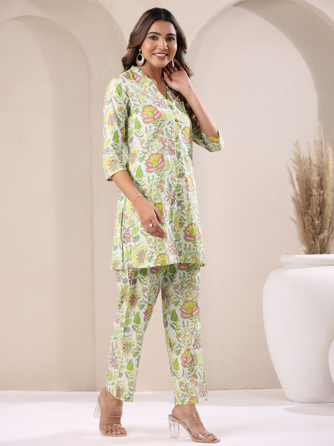 Janasya Light Cotton Floral Straight Top & Bottom Set 