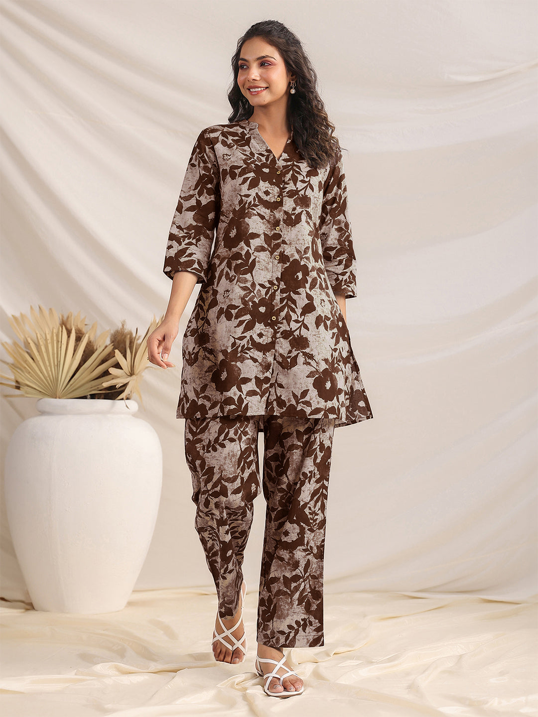 Janasya Dark Cotton Floral Straight Top & Bottom Set 