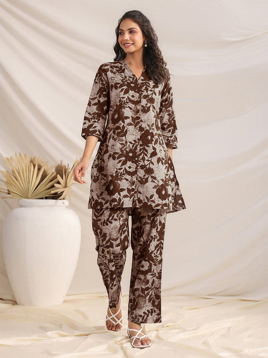 Janasya Dark Cotton Floral Straight Top & Bottom Set 