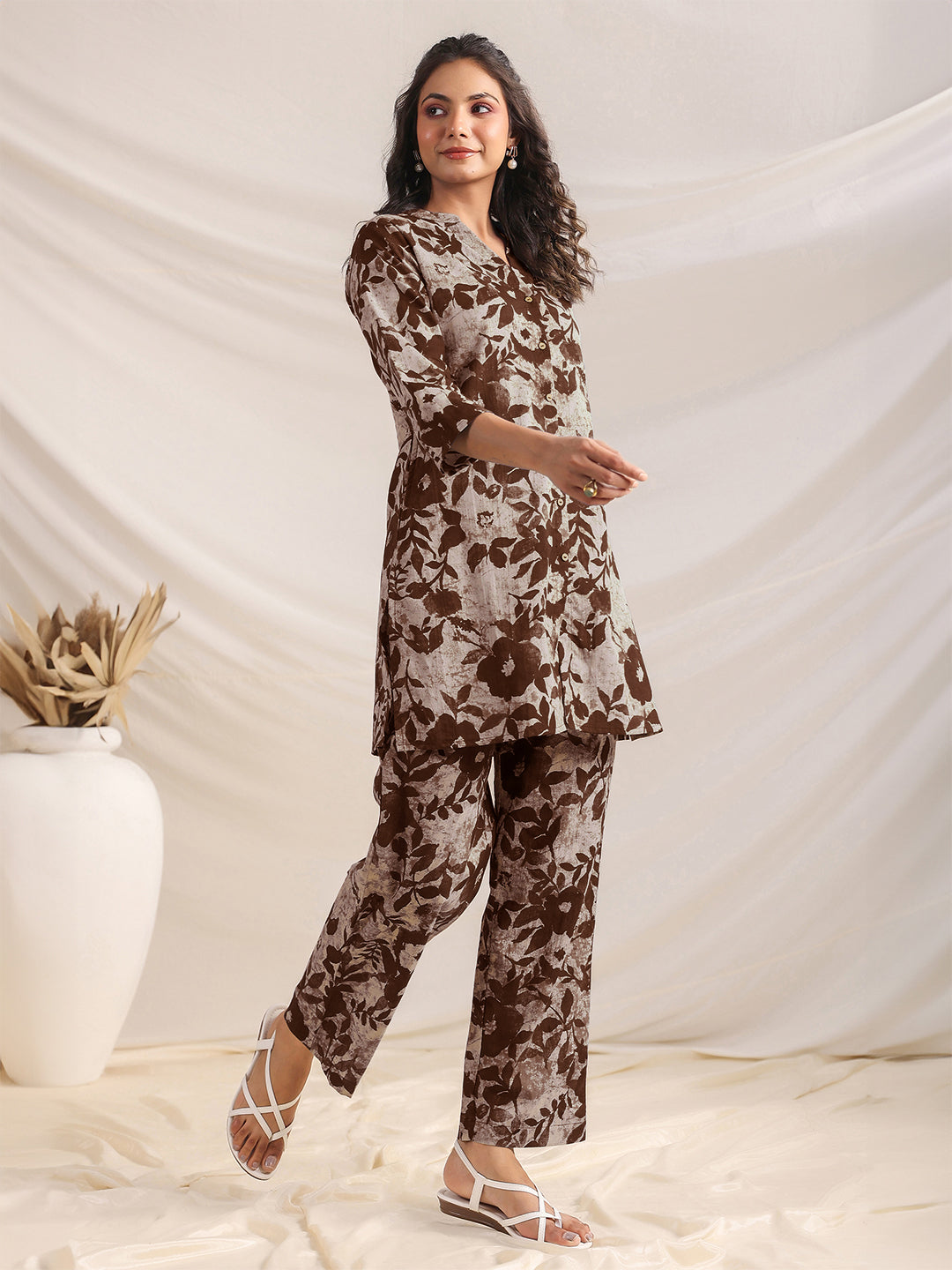 Janasya Dark Cotton Floral Straight Top & Bottom Set 