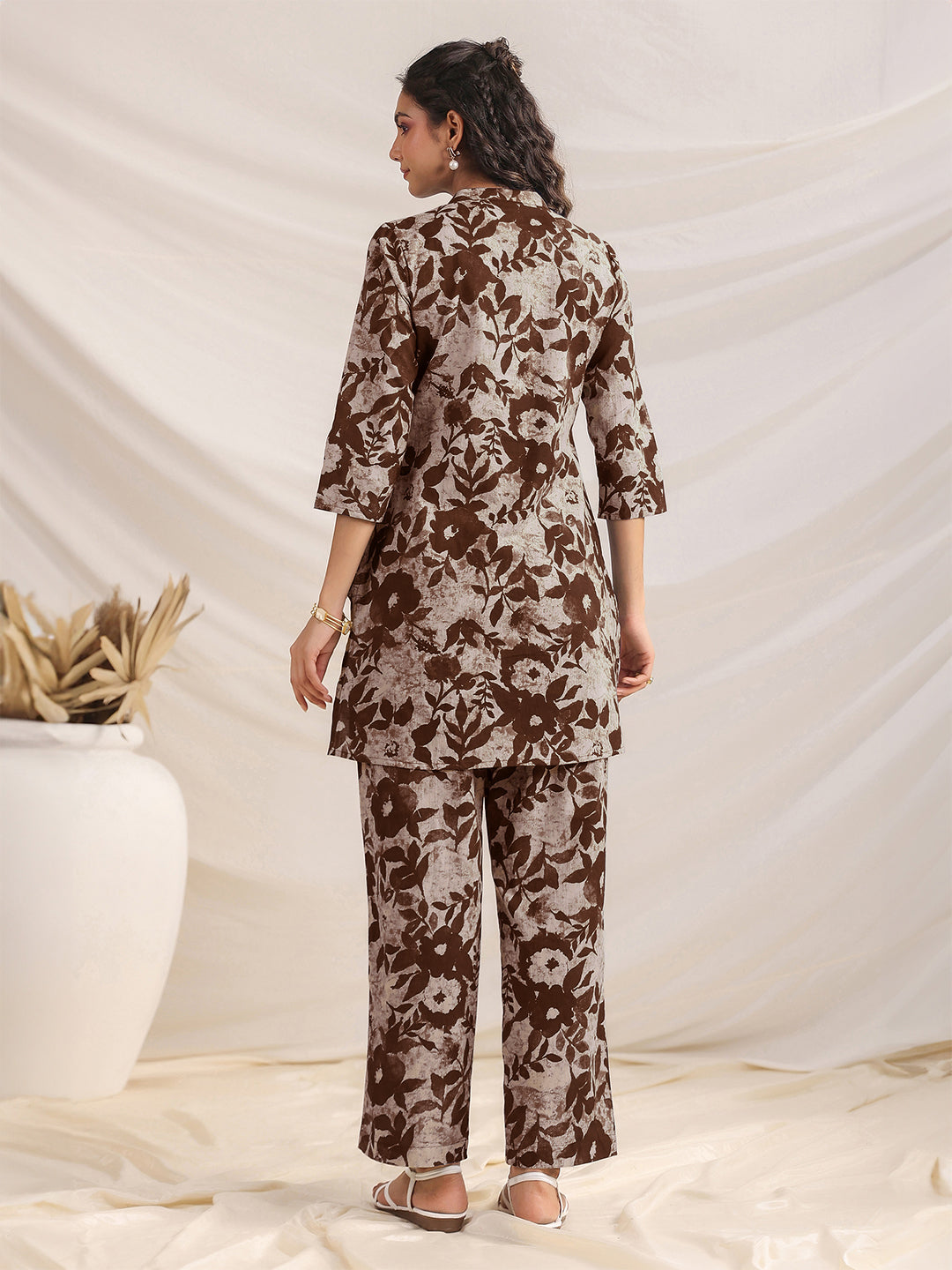 Janasya Dark Cotton Floral Straight Top & Bottom Set 