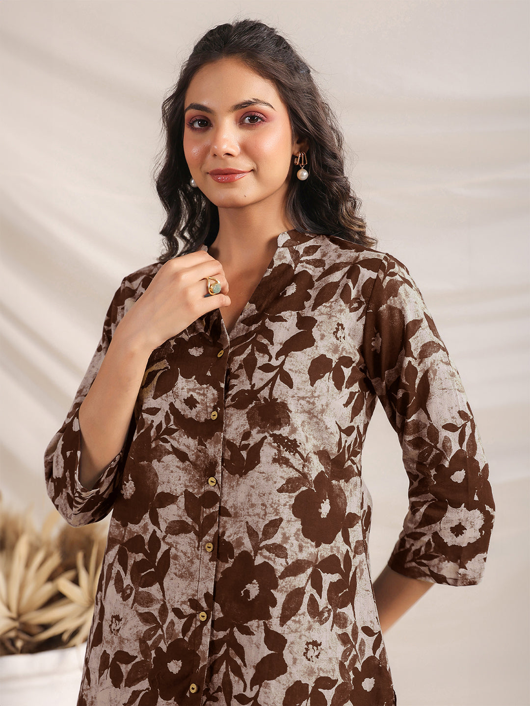 Janasya Dark Cotton Floral Straight Top & Bottom Set 
