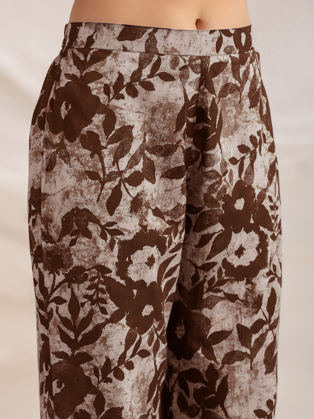 Janasya Dark Cotton Floral Straight Top & Bottom Set 
