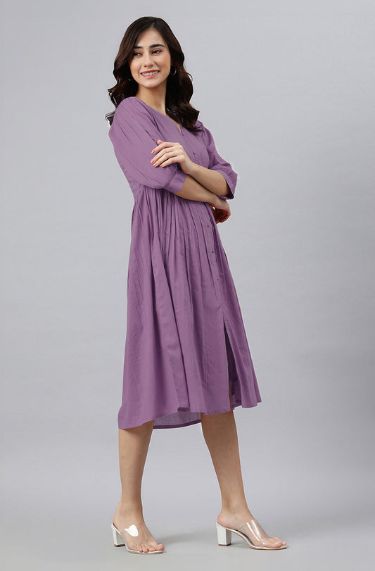 Janasya Bright Cotton Solid Gathered Dress 