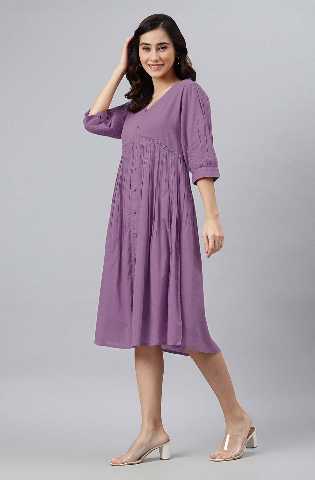 Janasya Bright Cotton Solid Gathered Dress 