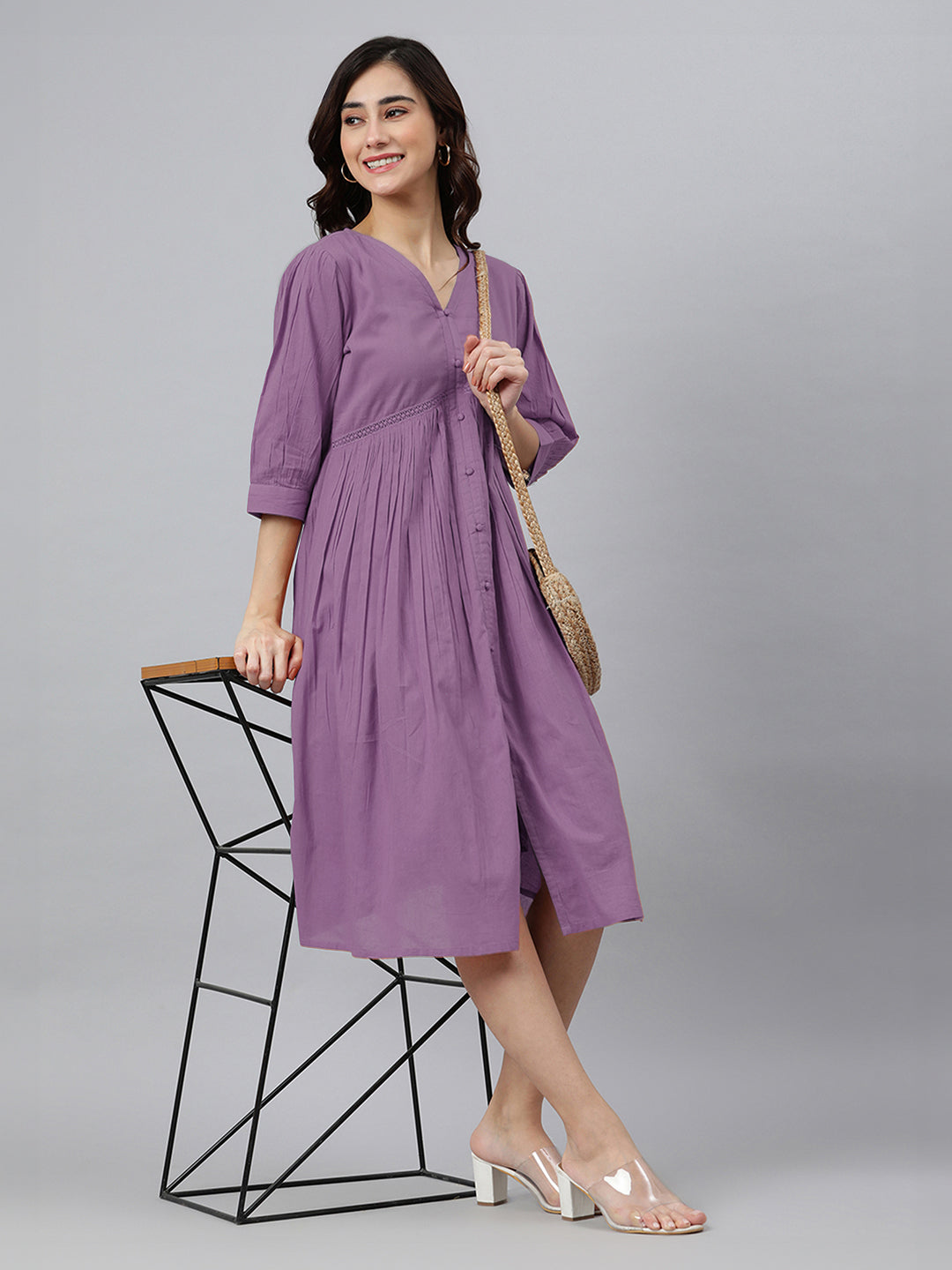 Janasya Bright Cotton Solid Gathered Dress 
