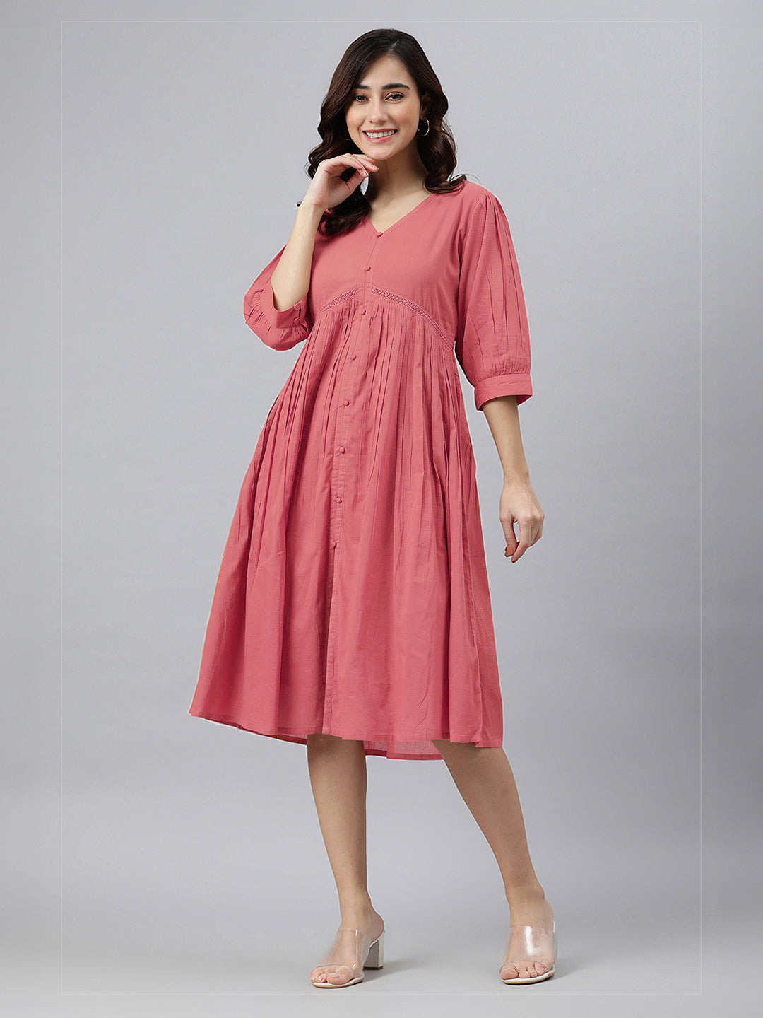 Janasya Bright Cotton Solid Gathered Dress 