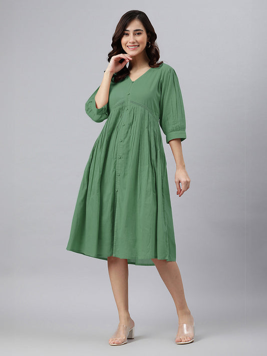 Janasya Bright Cotton Solid Gathered Dress 
