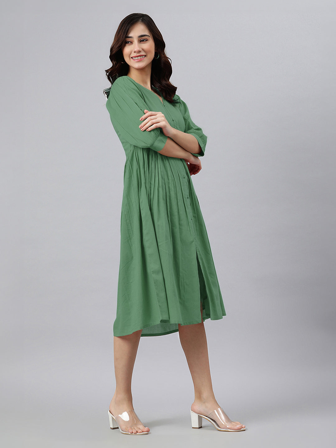 Janasya Bright Cotton Solid Gathered Dress 