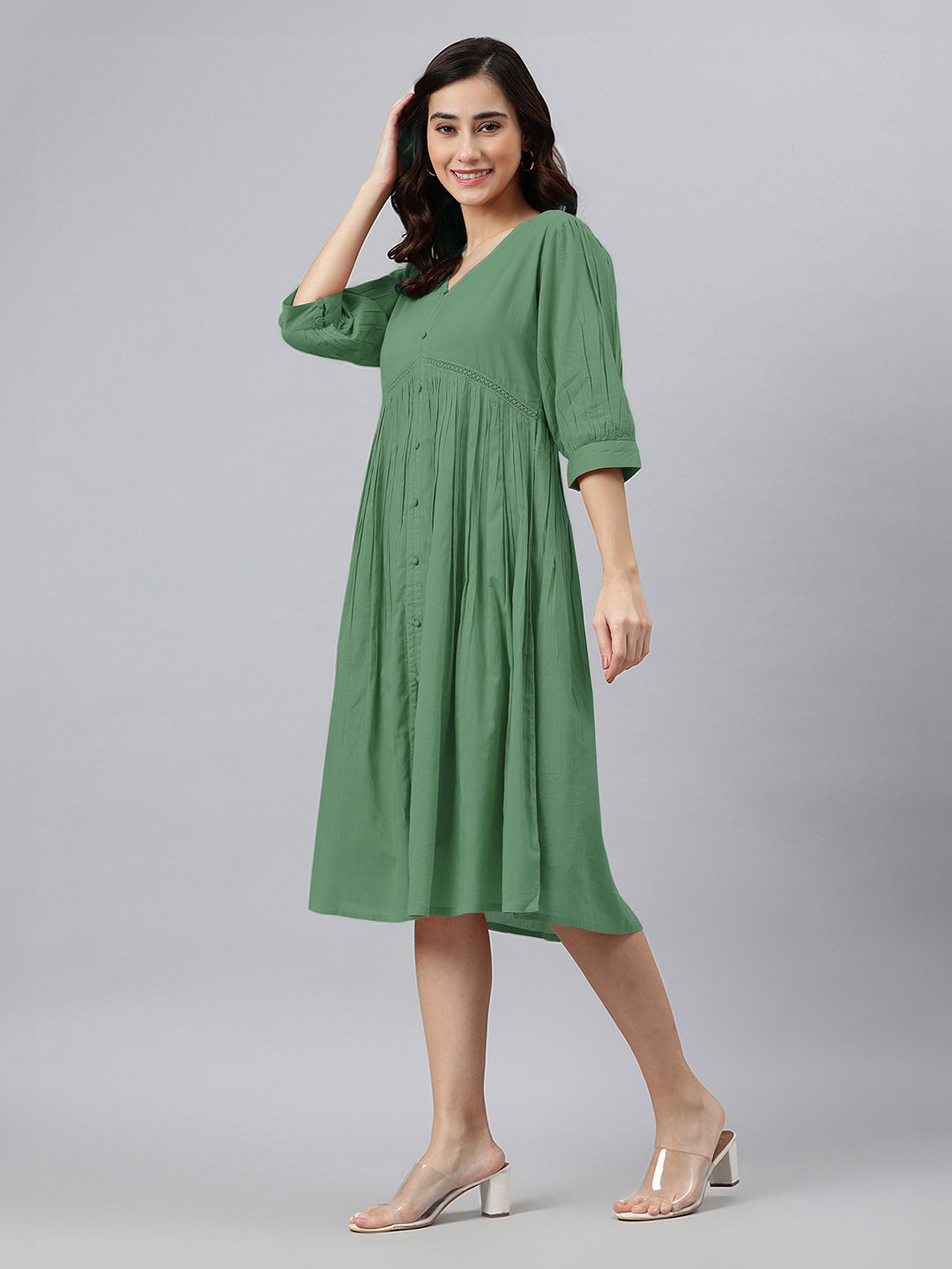 Janasya Bright Cotton Solid Gathered Dress 