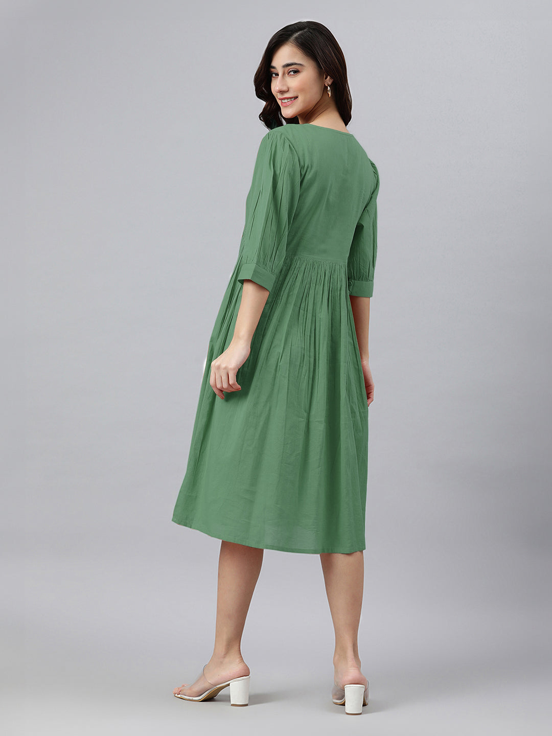 Janasya Bright Cotton Solid Gathered Dress 