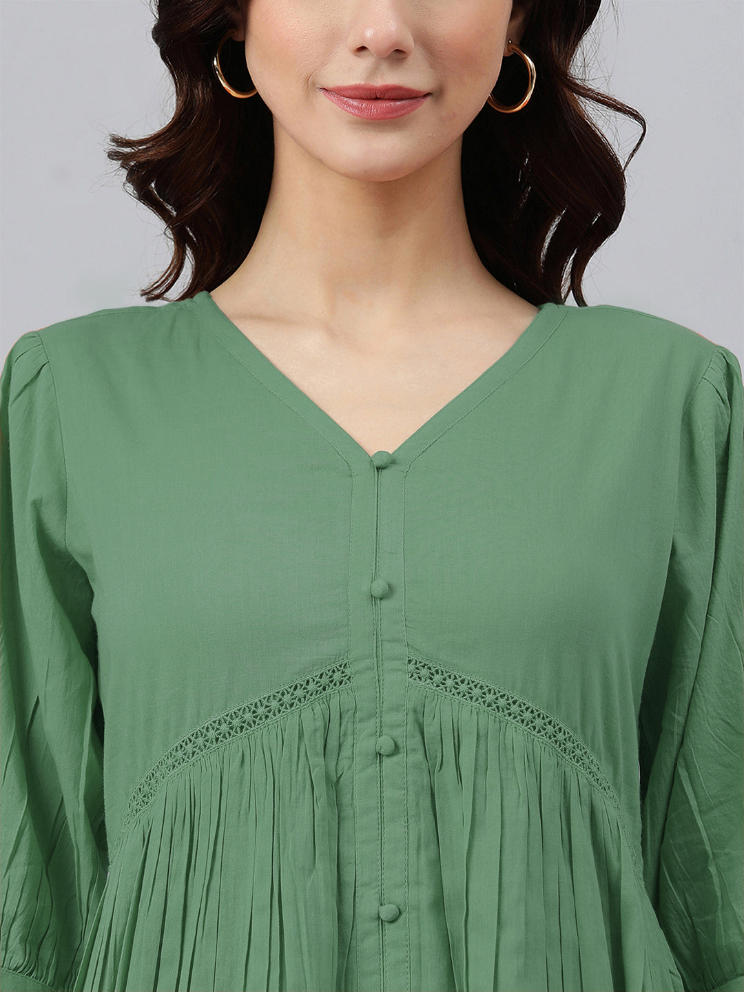 Janasya Bright Cotton Solid Gathered Dress 
