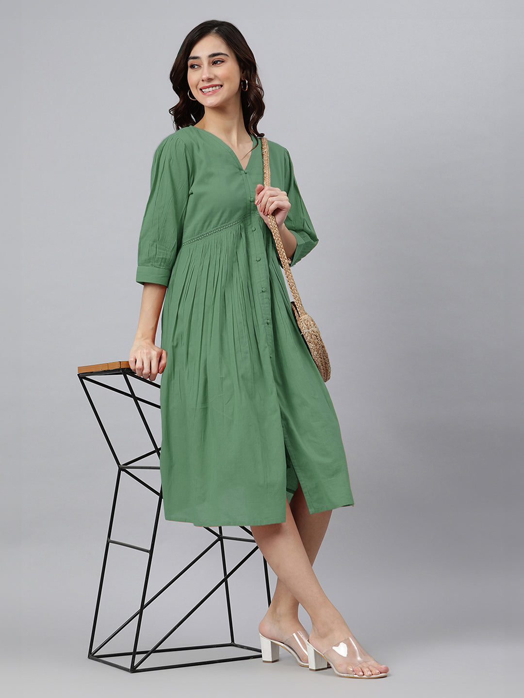 Janasya Bright Cotton Solid Gathered Dress 