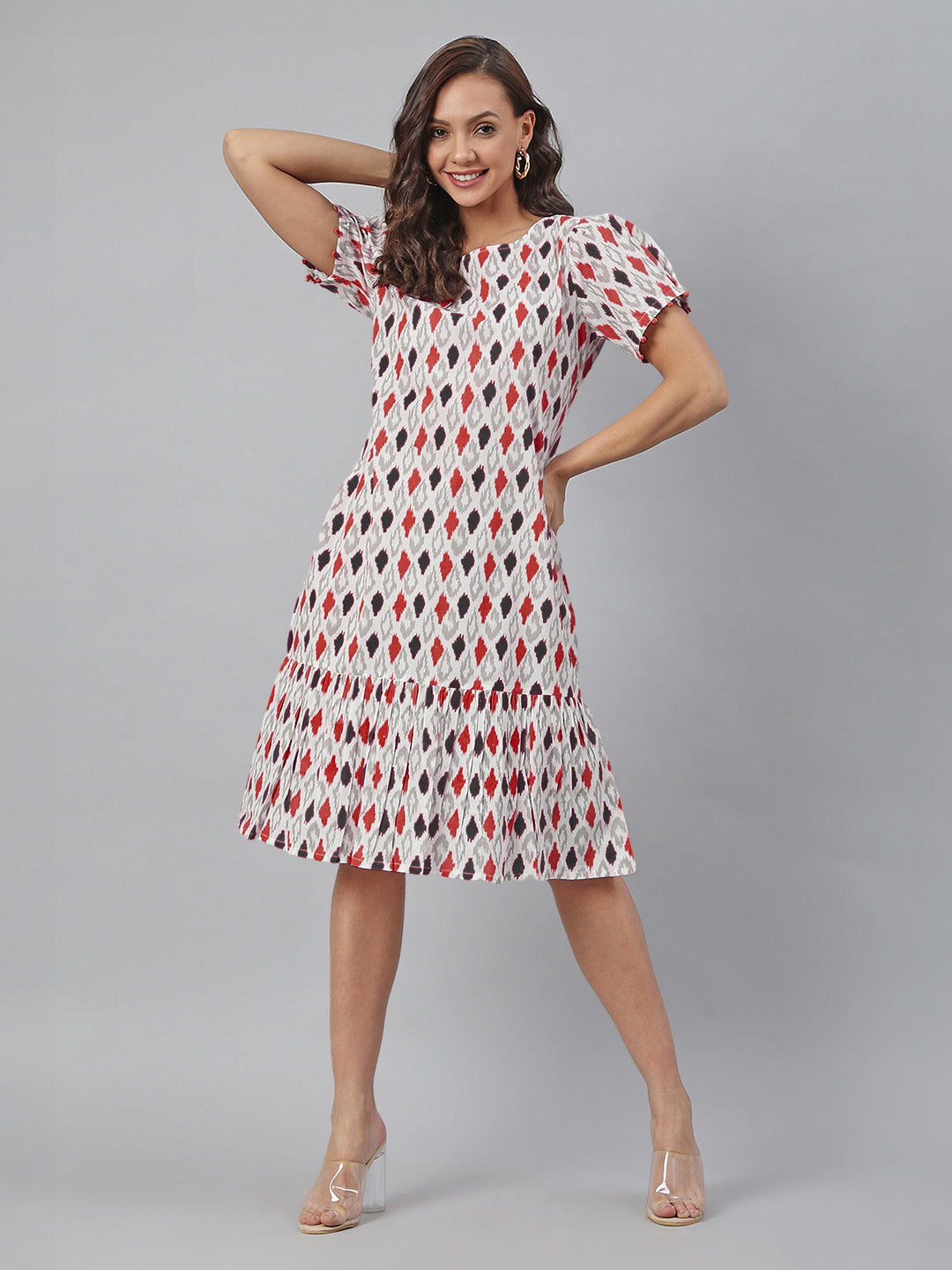 Janasya Bright Cotton Ikkat A-Line Dress 