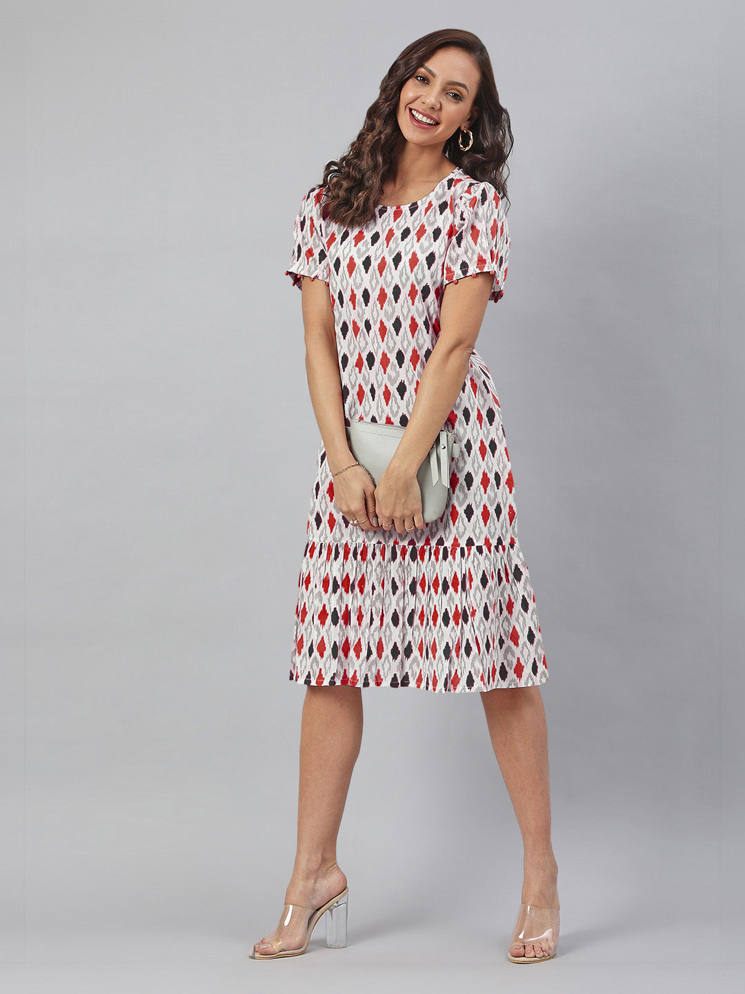 Janasya Bright Cotton Ikkat A-Line Dress 