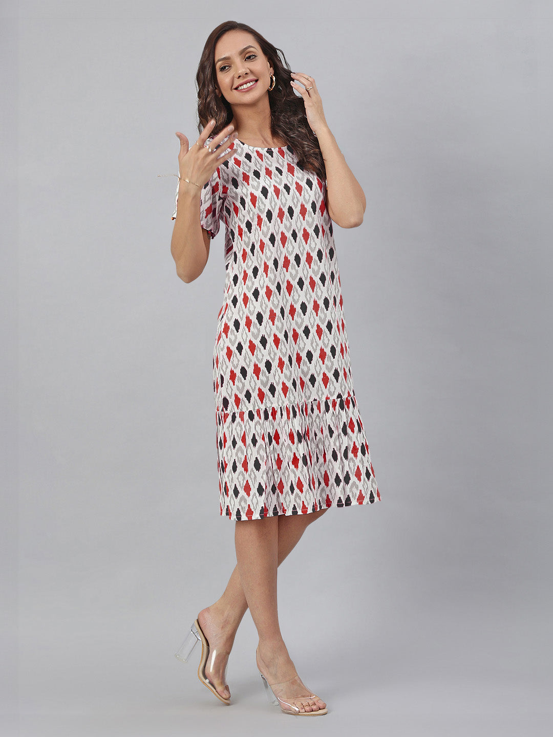 Janasya Bright Cotton Ikkat A-Line Dress 