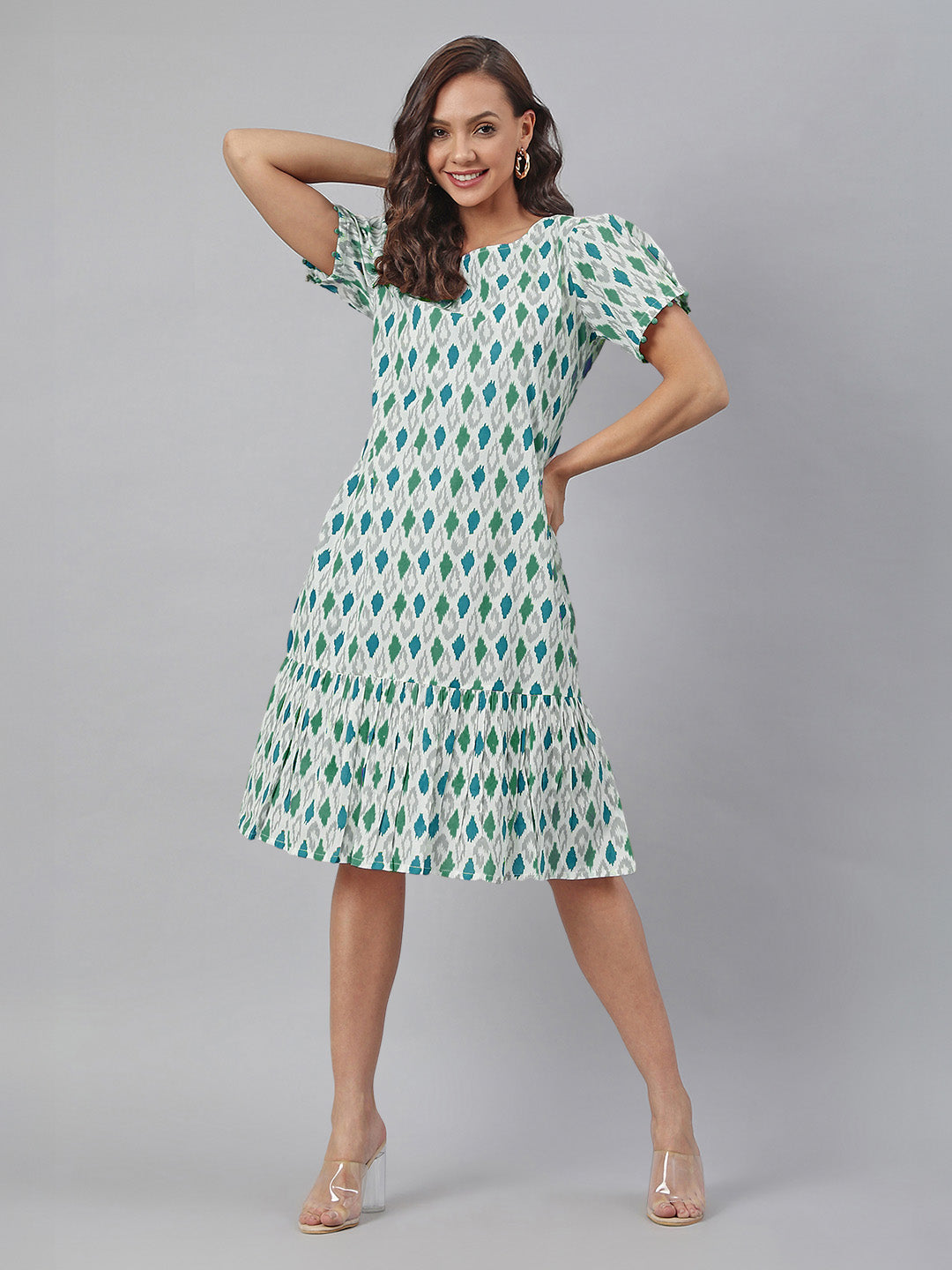 Janasya Bright Cotton Ikkat A-Line Dress 