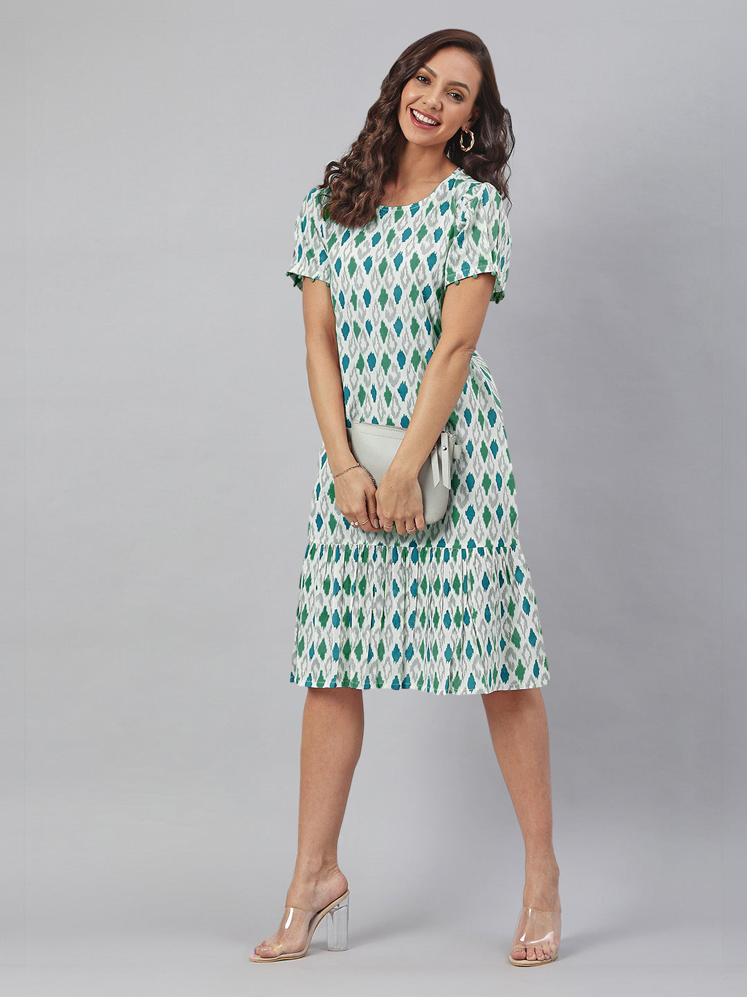 Janasya Bright Cotton Ikkat A-Line Dress 