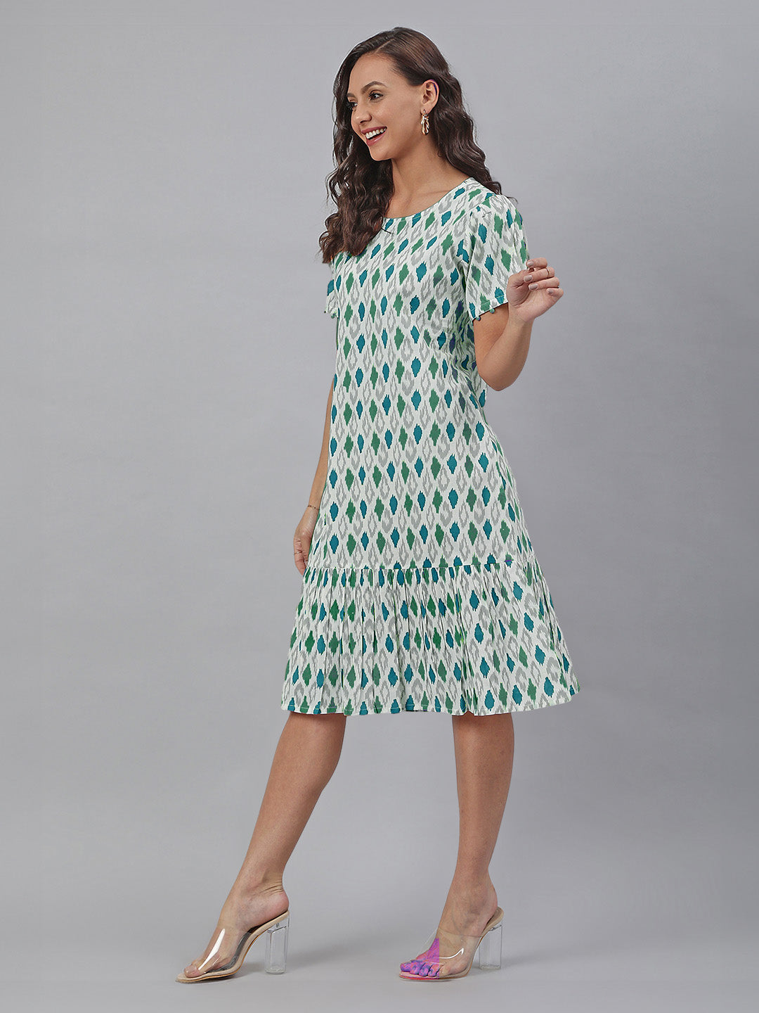 Janasya Bright Cotton Ikkat A-Line Dress 