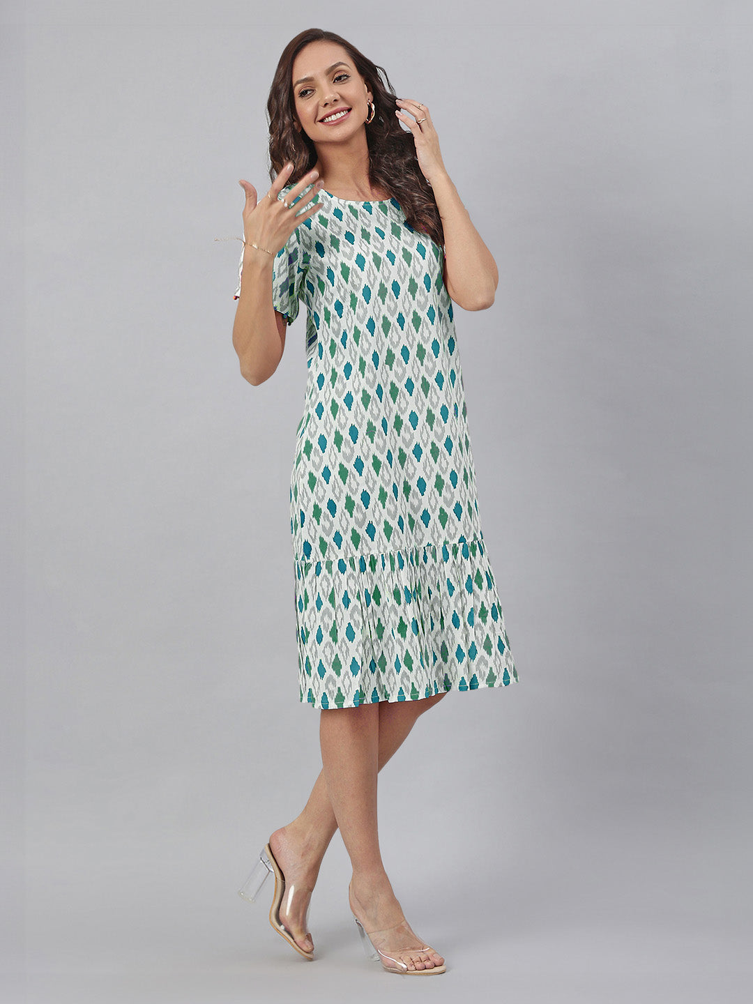 Janasya Bright Cotton Ikkat A-Line Dress 