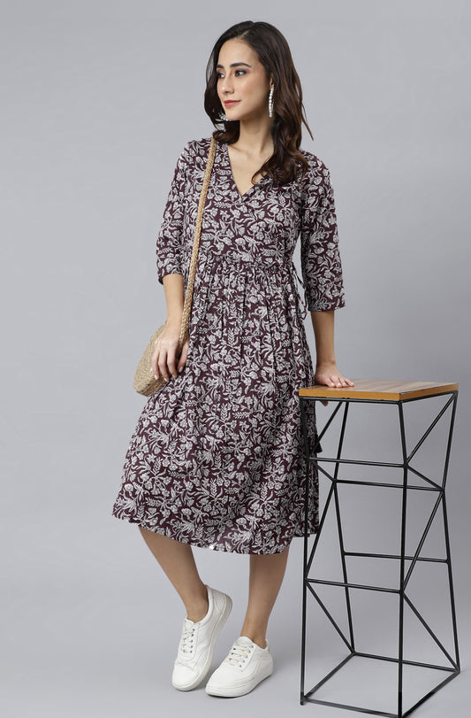 Janasya Dark Cotton Floral Angrakha Dress 
