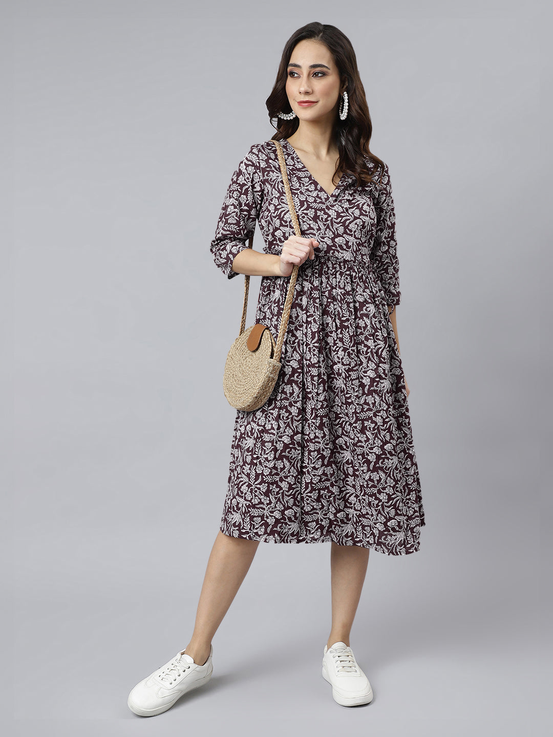 Janasya Dark Cotton Floral Angrakha Dress 