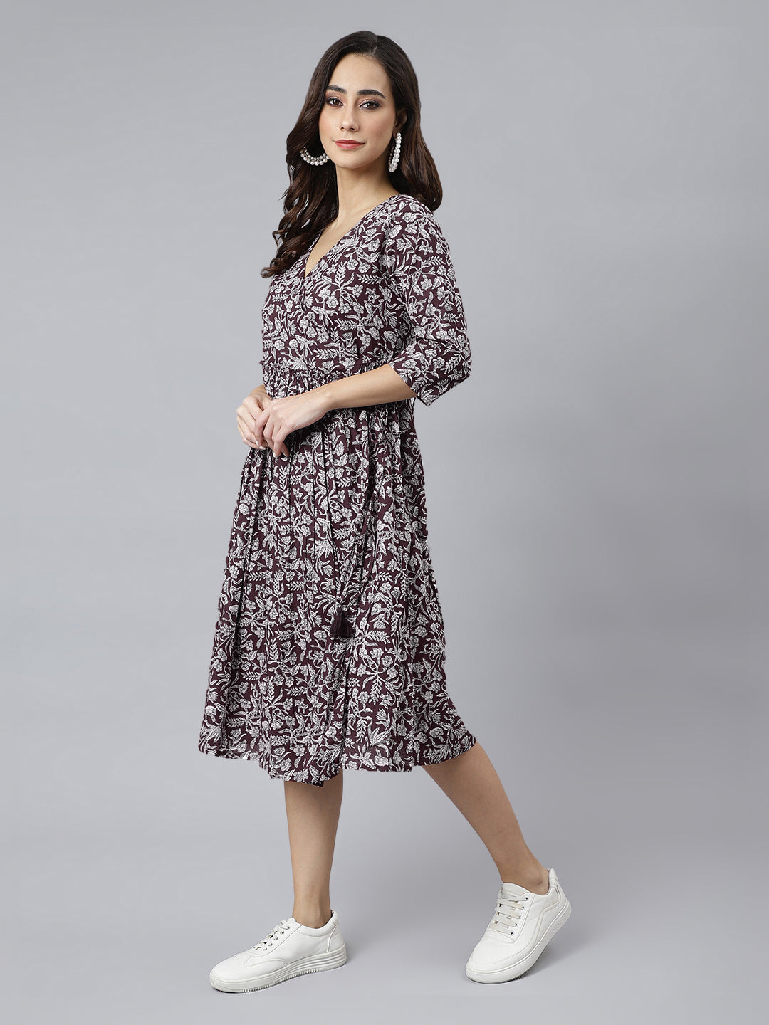Janasya Dark Cotton Floral Angrakha Dress 