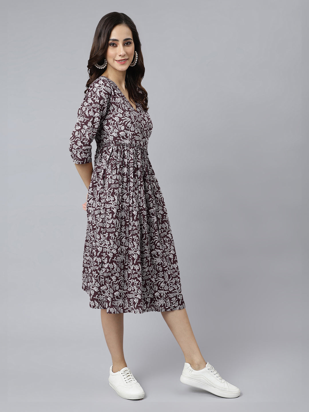 Janasya Dark Cotton Floral Angrakha Dress 