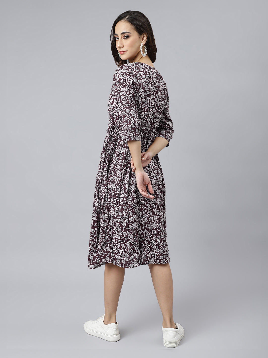 Janasya Dark Cotton Floral Angrakha Dress 