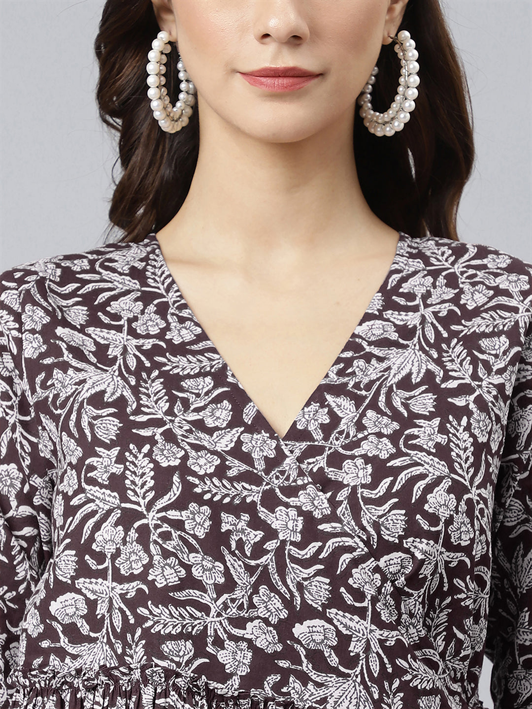 Janasya Dark Cotton Floral Angrakha Dress 