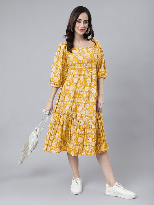 Janasya Bright Cotton Floral Tiered Dress 