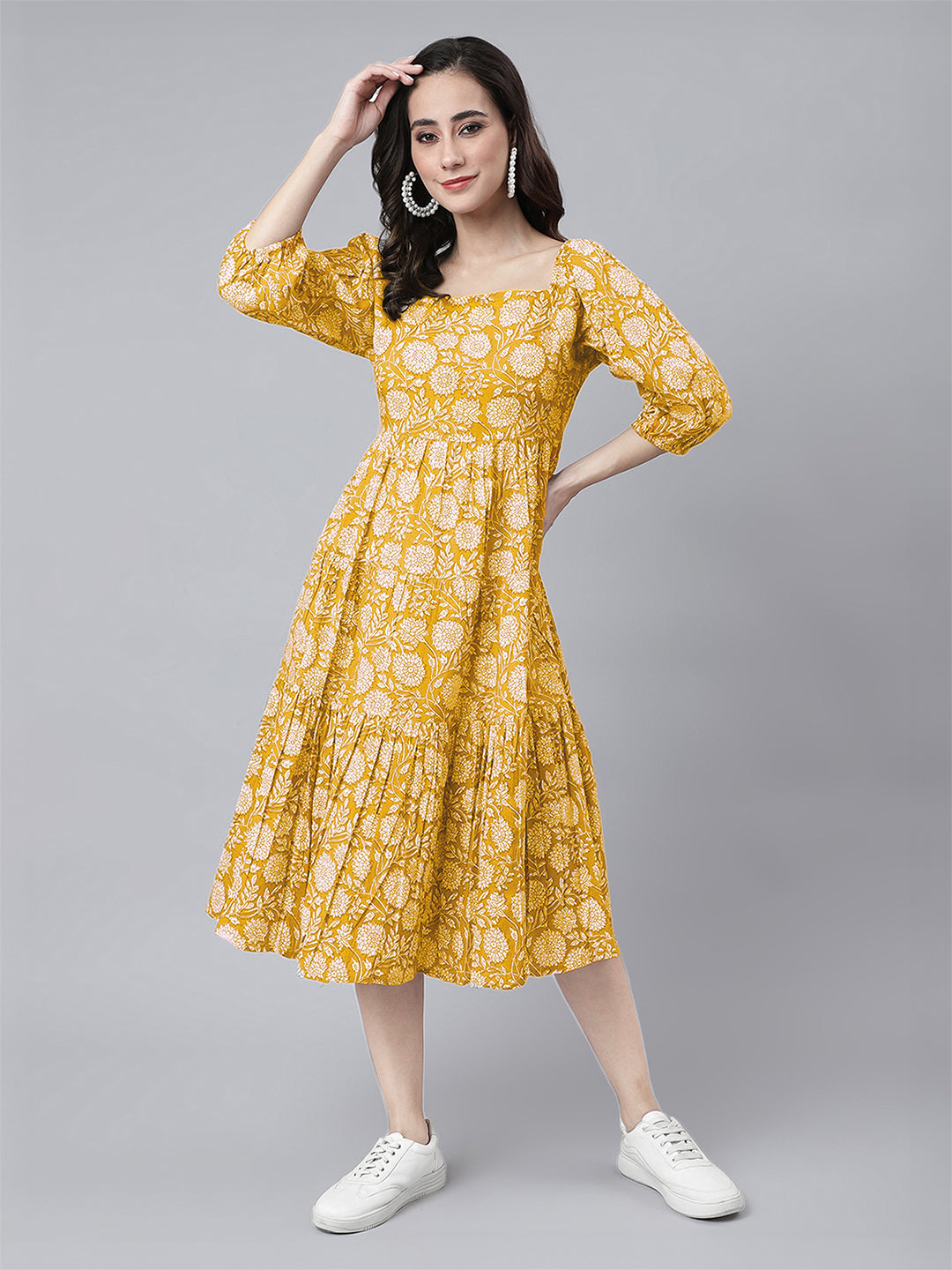 Janasya Bright Cotton Floral Tiered Dress 