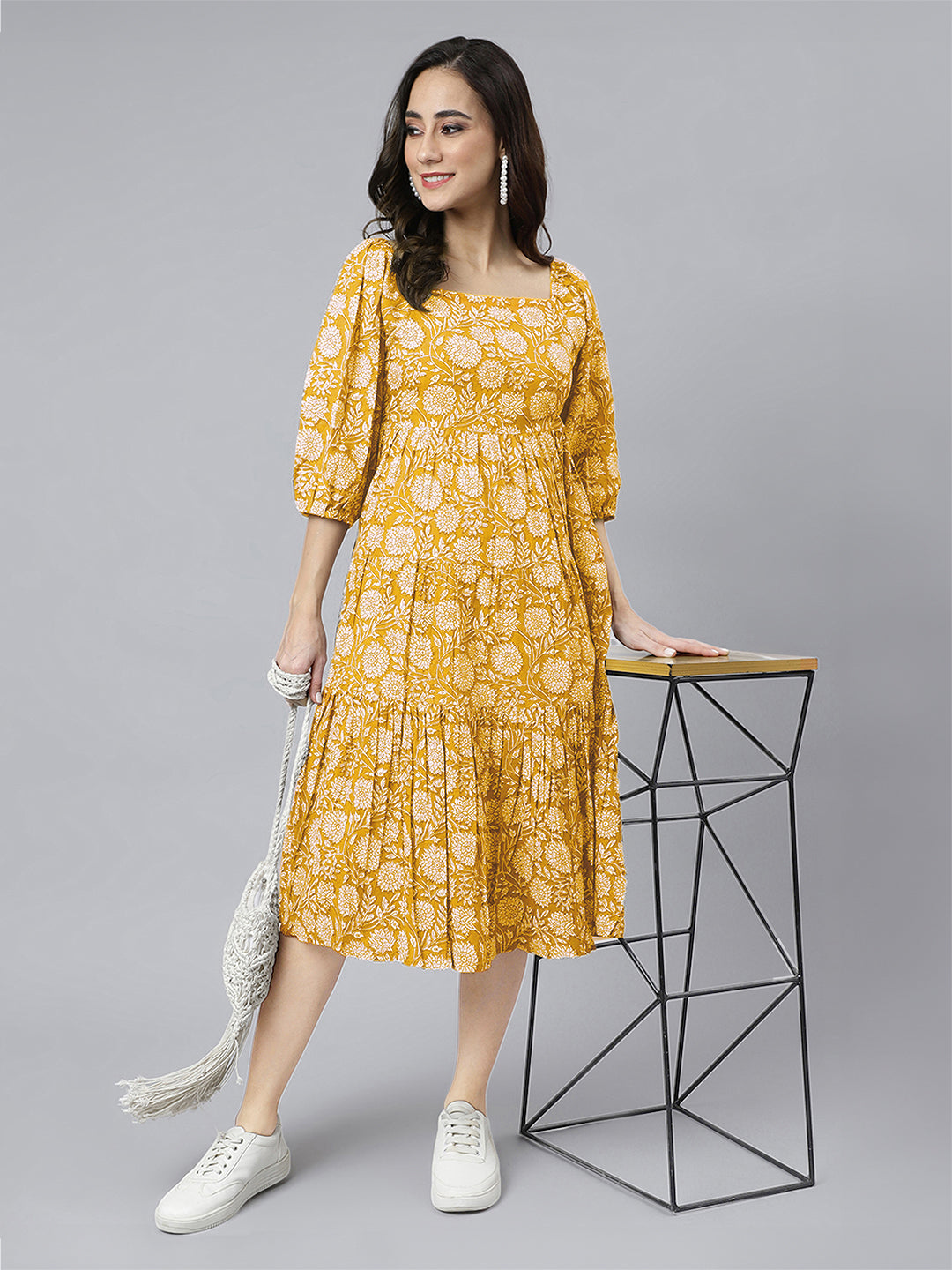 Janasya Bright Cotton Floral Tiered Dress 