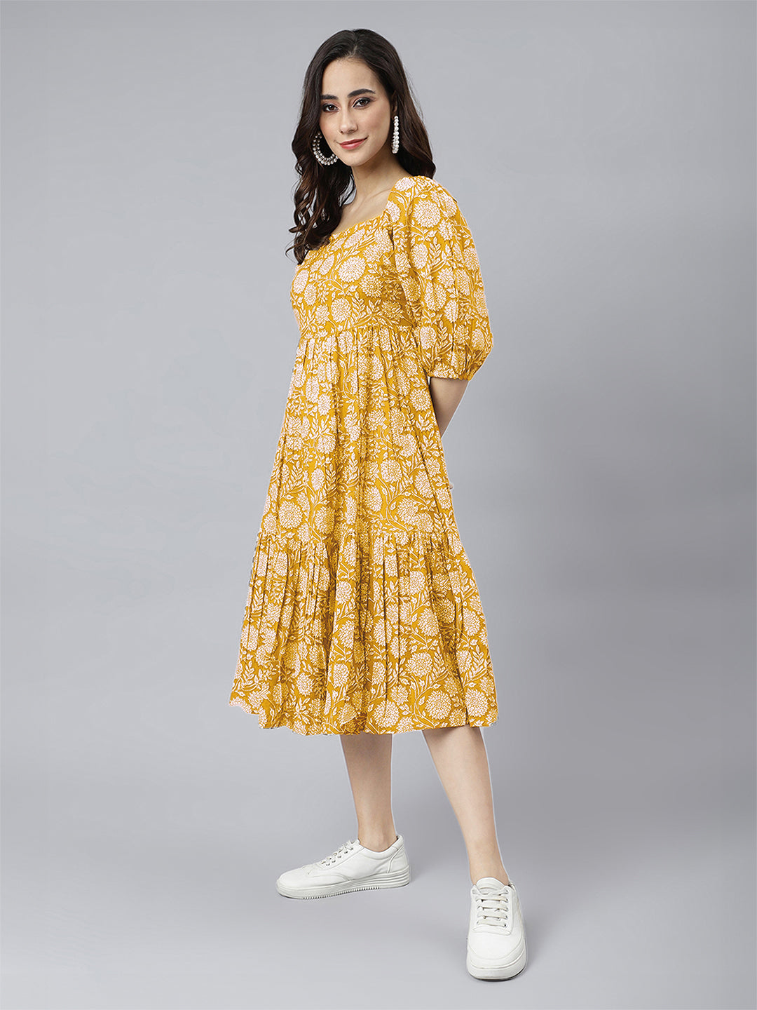 Janasya Bright Cotton Floral Tiered Dress 