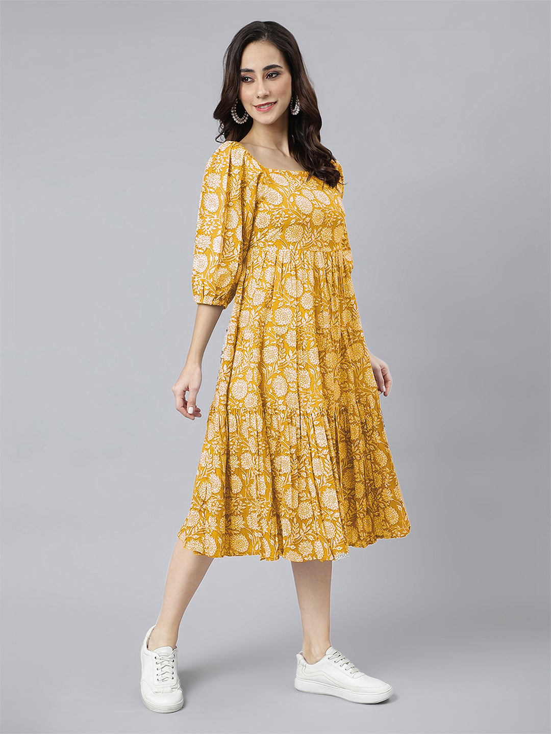 Janasya Bright Cotton Floral Tiered Dress 