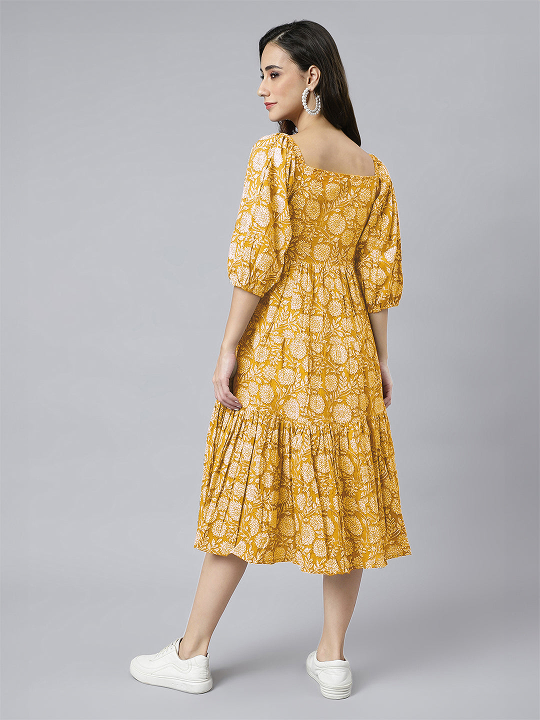 Janasya Bright Cotton Floral Tiered Dress 