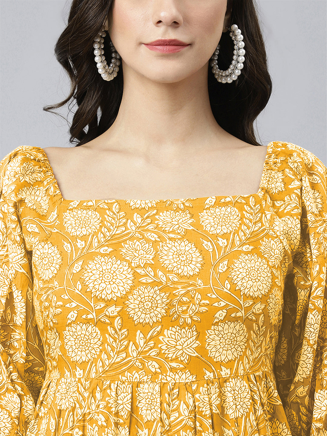 Janasya Bright Cotton Floral Tiered Dress 