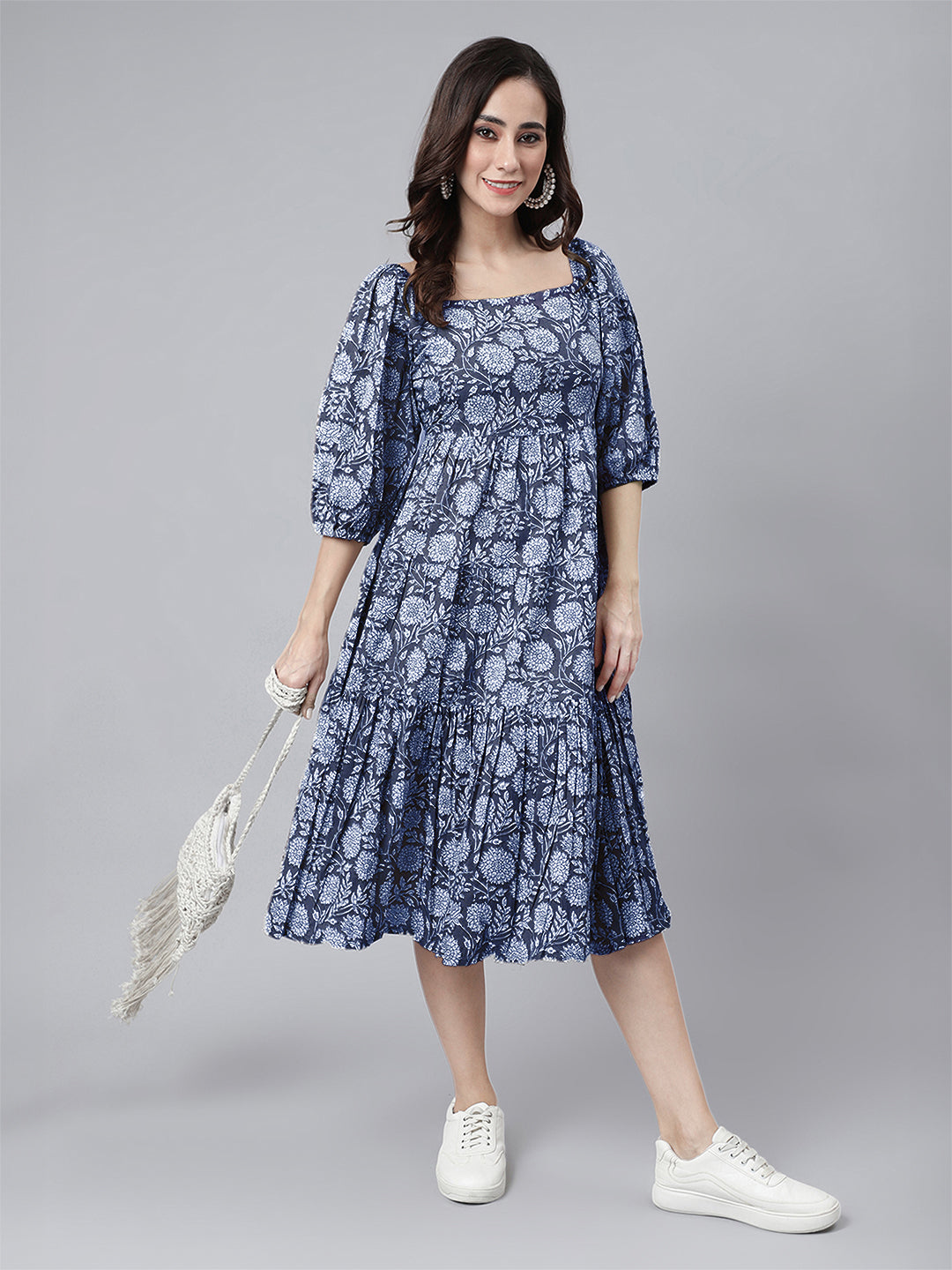 Janasya Bright Cotton Floral Tiered Dress 