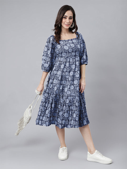Janasya Bright Cotton Floral Tiered Dress 