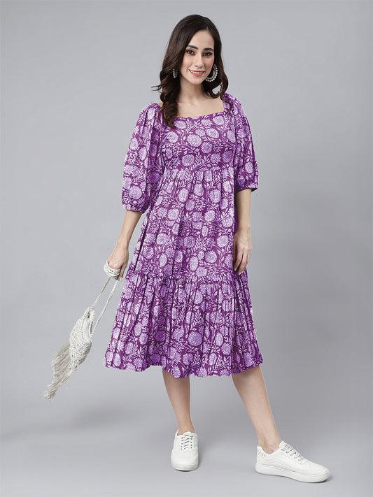 Janasya Bright Cotton Floral Tiered Dress 