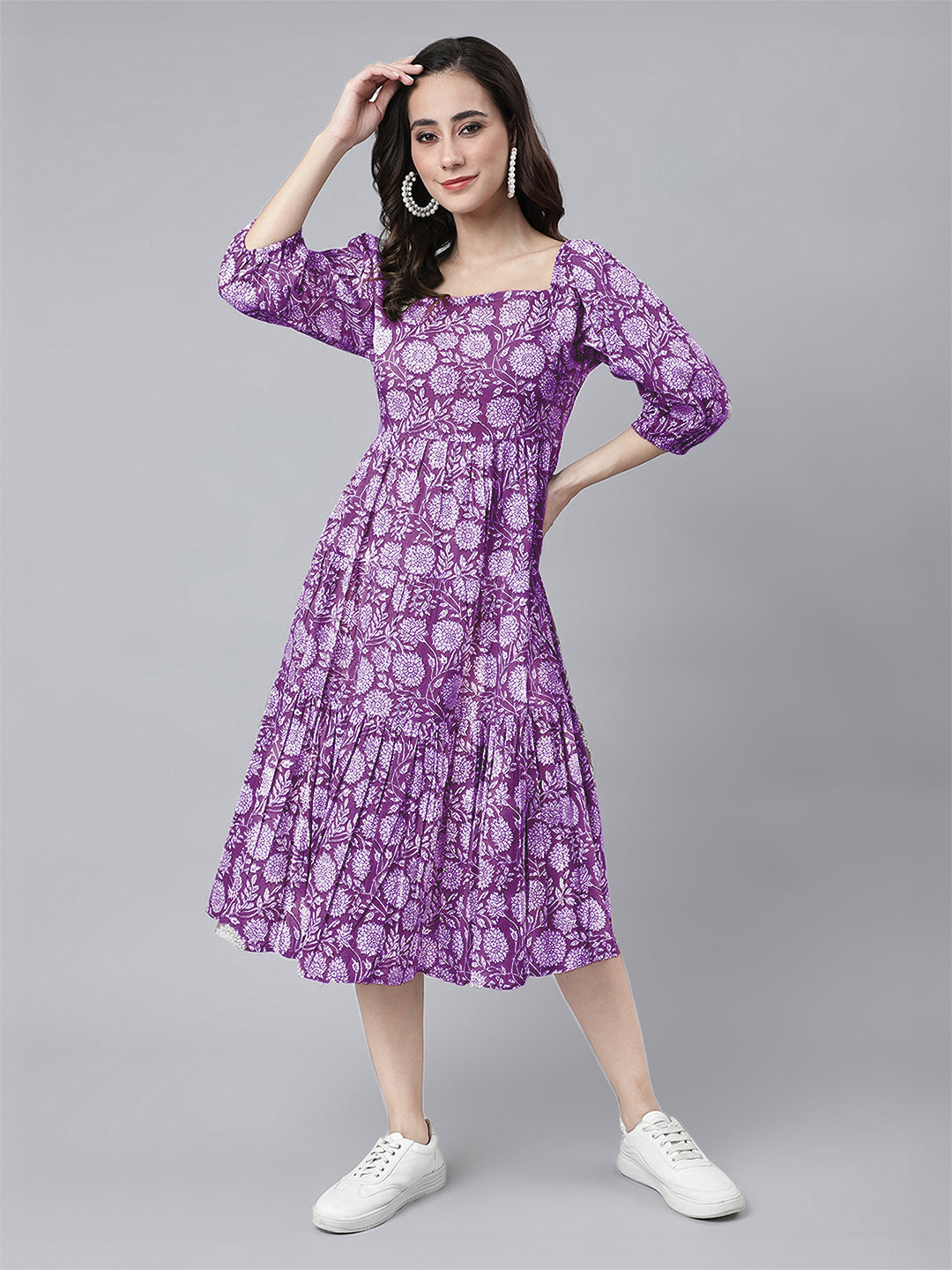 Janasya Bright Cotton Floral Tiered Dress 