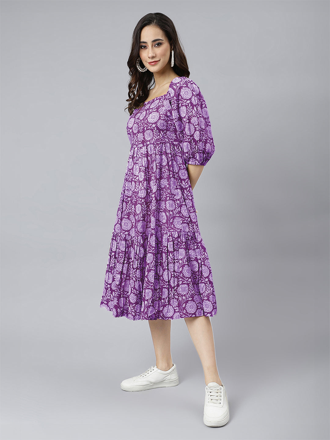 Janasya Bright Cotton Floral Tiered Dress 