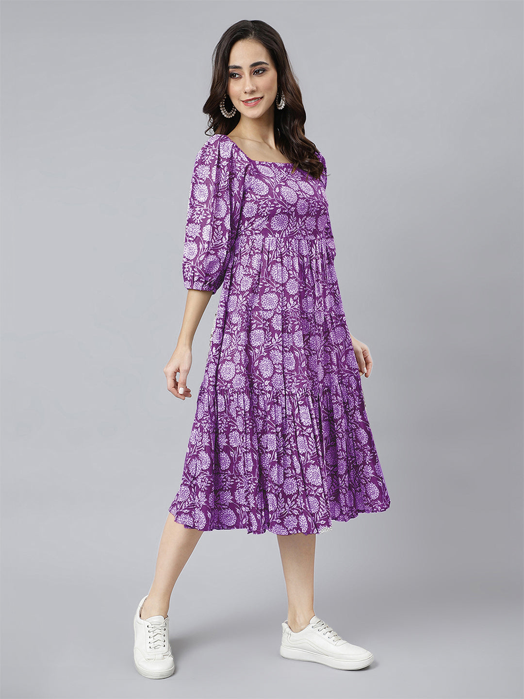 Janasya Bright Cotton Floral Tiered Dress 