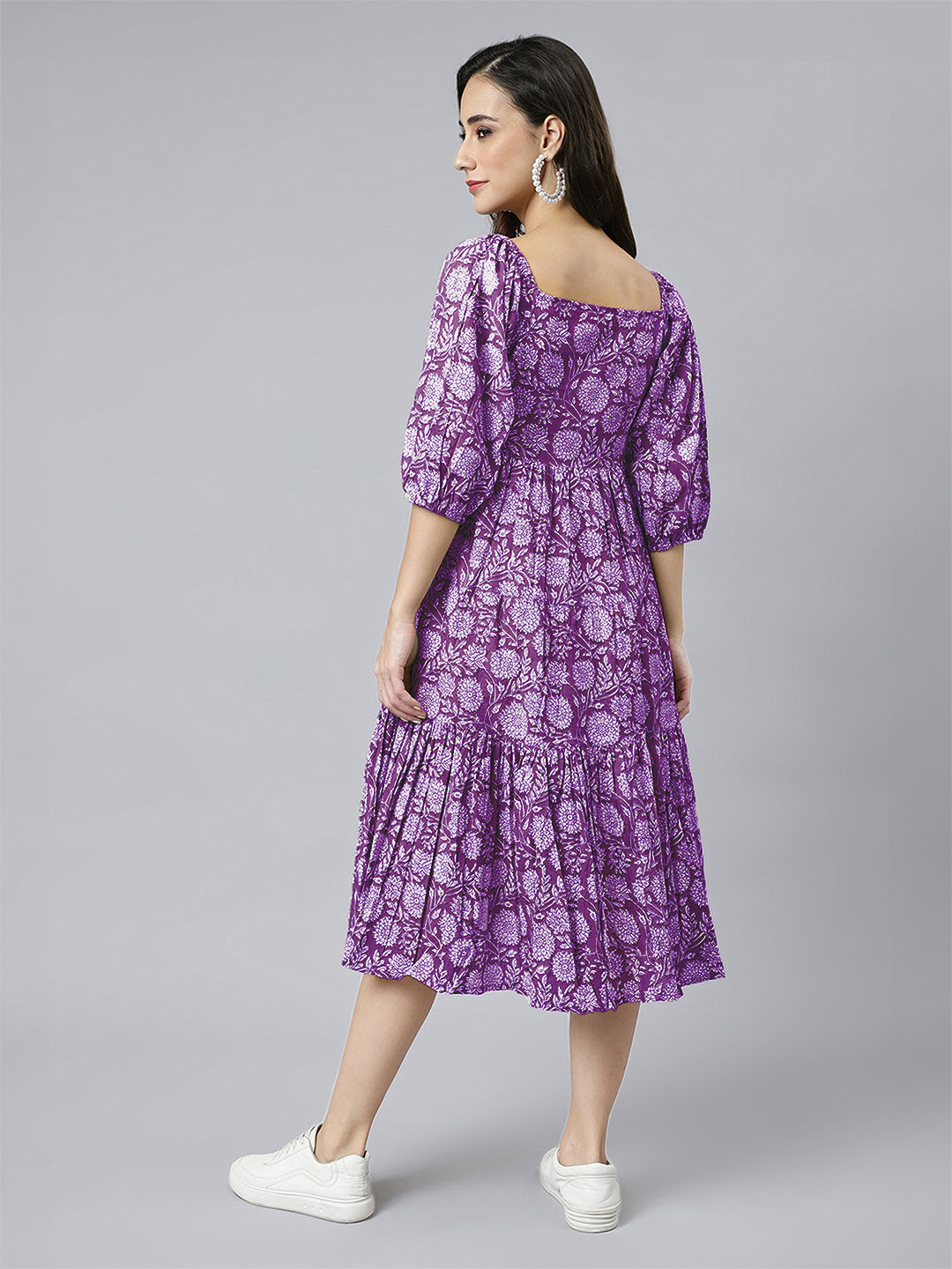 Janasya Bright Cotton Floral Tiered Dress 