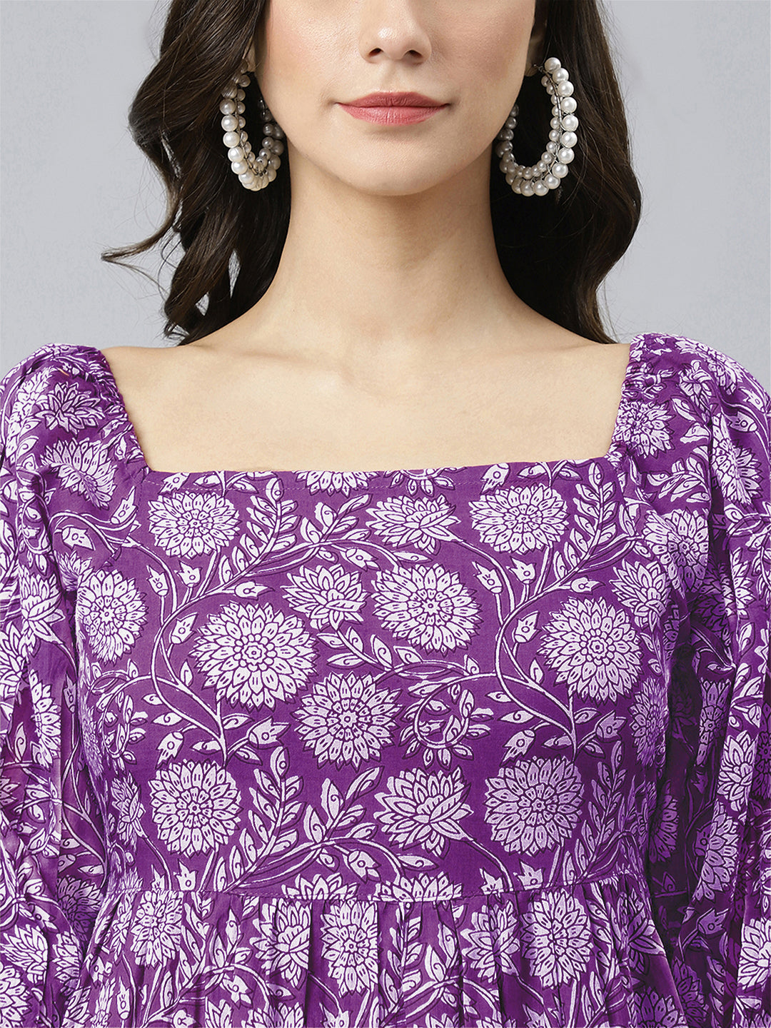 Janasya Bright Cotton Floral Tiered Dress 