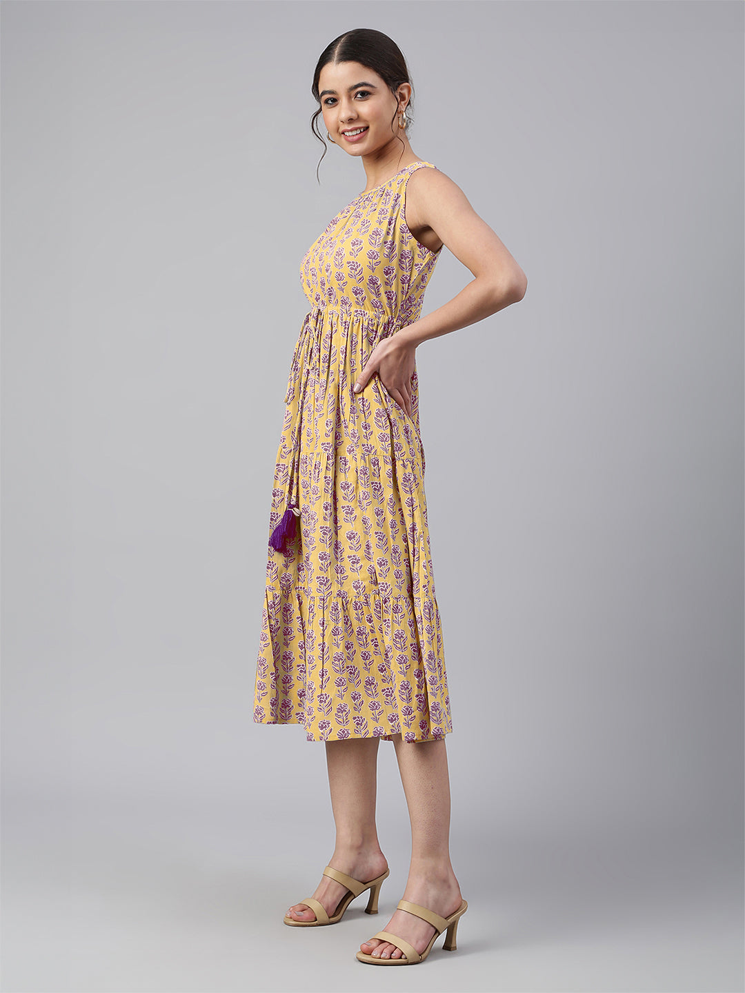 Janasya Bright Cotton Floral Tiered Dress 